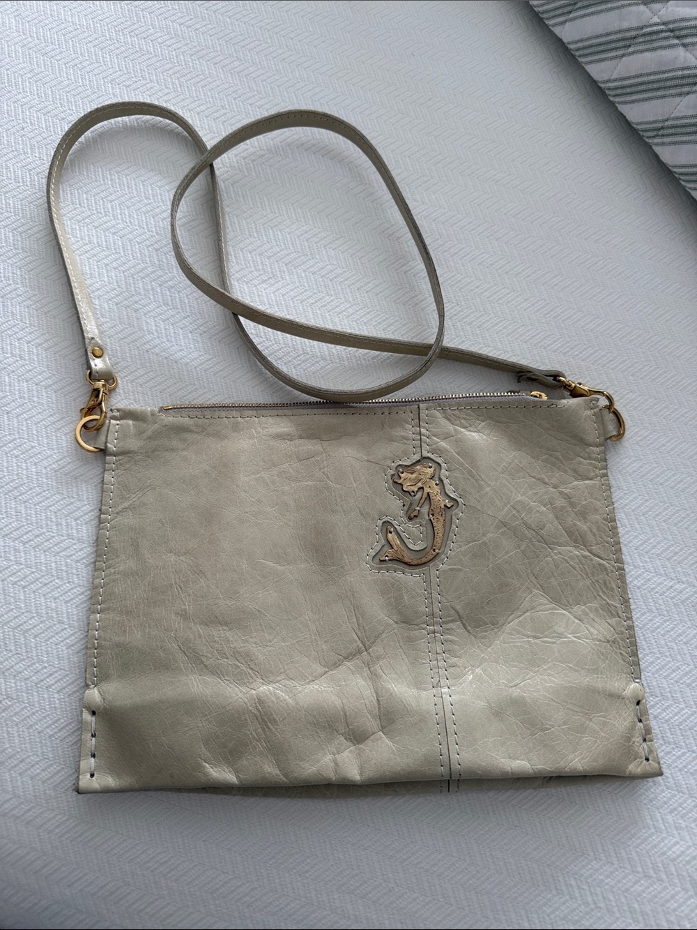 Cream Leather Crossbody Bag with gold Mermaid Accent
